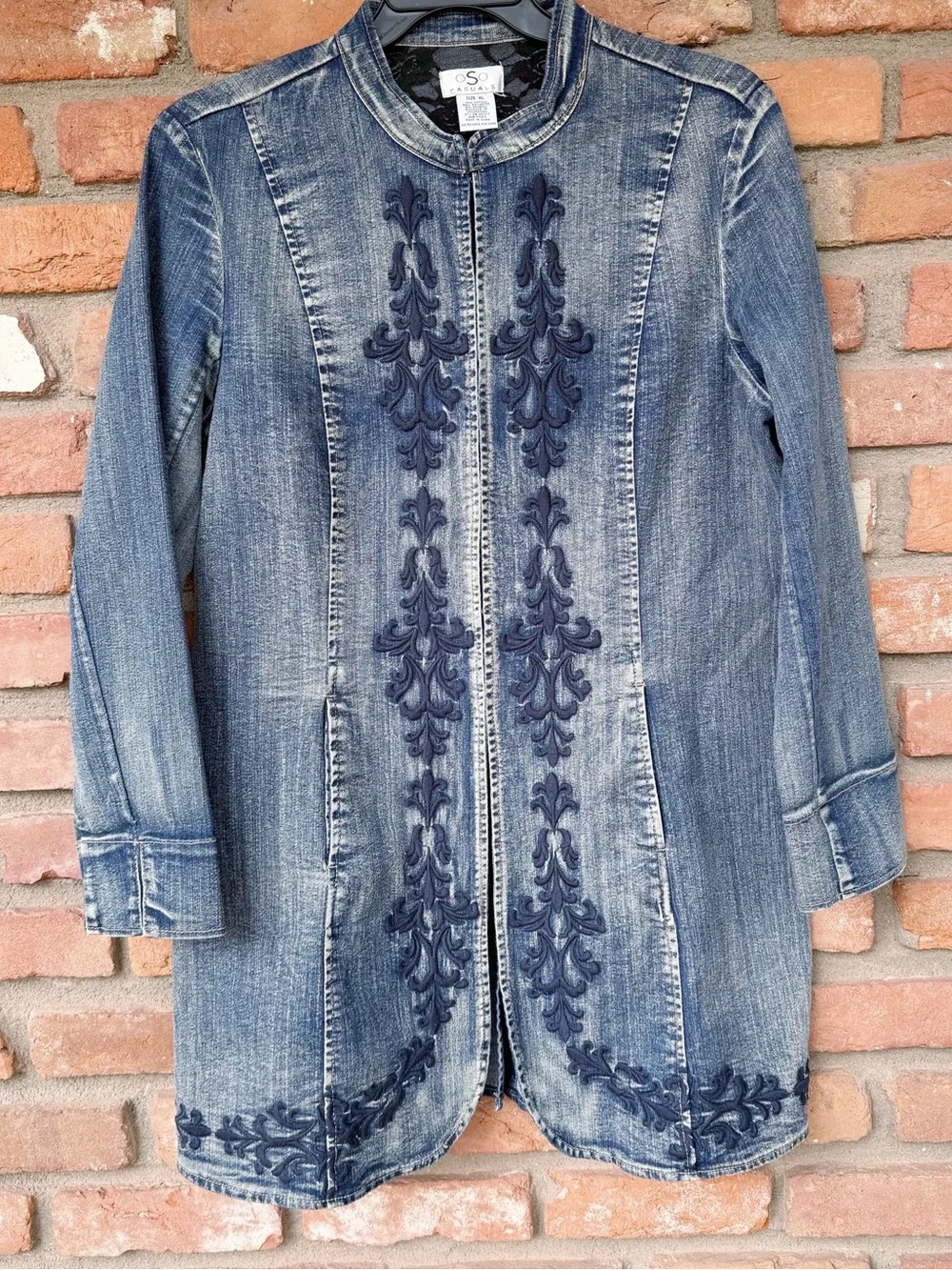 Long Embroidered Boho Denim Jacket Hip-Length Hook-and-Eye Closure Size XL - Picture 2 of 11